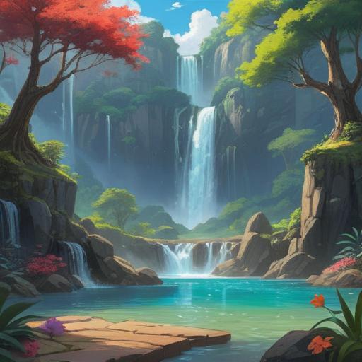 A serene landscape featuring a majestic waterfall cascades into a crystal-clear pool, a vibrant rainbow arching gracefully across the sky, surrounded by lush greenery and blooming flowers, enchanting lucky items like four-leaf clovers and lucky coins scattered throughout, evoking a sense of hope and positivity, harmonious atmosphere, 4k