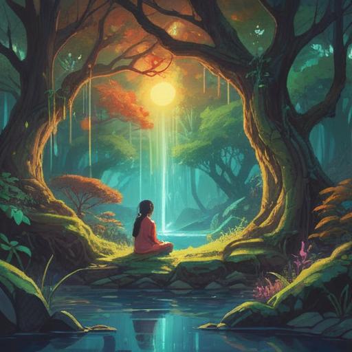 A serene and ethereal landscape, soft glowing lights, a person meditating under a tree, vibrant energy surrounding them, gentle stream flowing nearby, clear blue sky, harmonious colors, spiritual symbols in the air, tranquil atmosphere, 4k