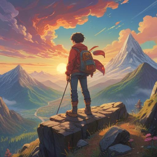 A vibrant and inspiring scene, a person standing confidently on a mountain peak, sunlight illuminating their face, surrounded by colorful bursts of energy symbolizing positivity, visual metaphors of growth like blooming flowers and rising sun, serene landscape in the background, 4k