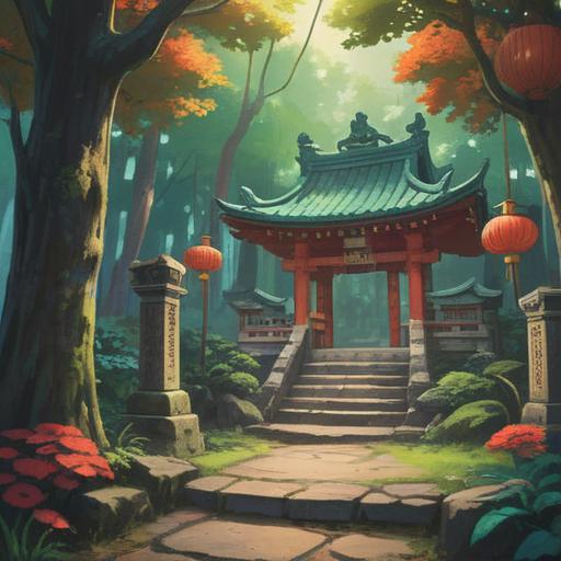 A serene and mystical scene at the Okama Shrine, surrounded by lush greenery, ethereal light filtering through the trees, ancient stone lanterns casting soft shadows, spiritual symbols woven into the architecture, a tranquil pond reflecting the sky, visitors partaking in a sacred ritual, a sense of harmony and peace in the atmosphere, 4k