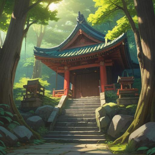 A serene and spiritual scene at the Okama Shrine, featuring vibrant nature surrounding the shrine, sunlight filtering through lush green trees, a sense of tranquility and peace, traditional Japanese architecture, worshippers in quiet reflection, symbolic offerings at the altar, deep connection with spirituality, 4k