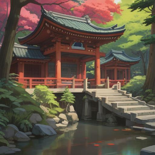 A serene and mystical scene at the Oomikami Shrine, featuring traditional Shinto architecture, lush greenery surrounding the shrine, vibrant seasonal foliage, symbolic spiritual signs like a torii gate, ethereal light filtering through the trees, visitors in contemplation, a sense of peace and connection to nature, 4k