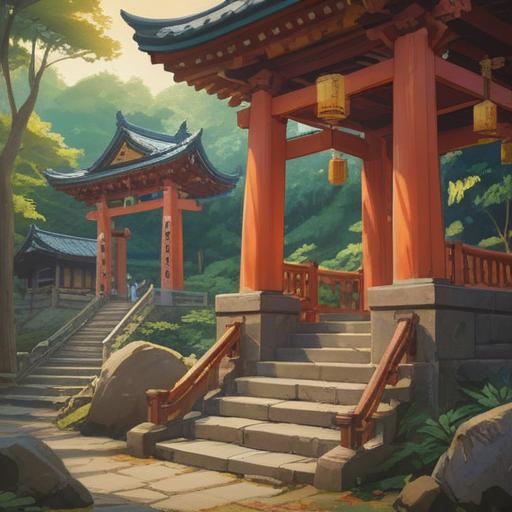 A serene scene at Okamakujinja Shrine, featuring traditional Shinto architecture, charming lucky charms displayed prominently, soft sunlight filtering through the trees, tranquil atmosphere, visitors engaging in rituals, natural greenery surrounding the shrine, rich cultural details, 4k