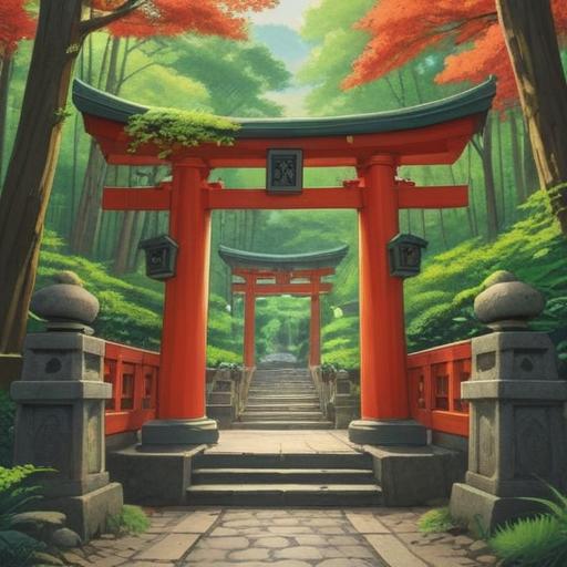 A serene shrine setting at Okunitama Shrine, lush greenery surrounding the sacred torii gate, tranquil atmosphere, spiritual essence of Japanese culture, people offering prayers, detailed traditional architecture, sunlight filtering through the trees, calming energy, 4k