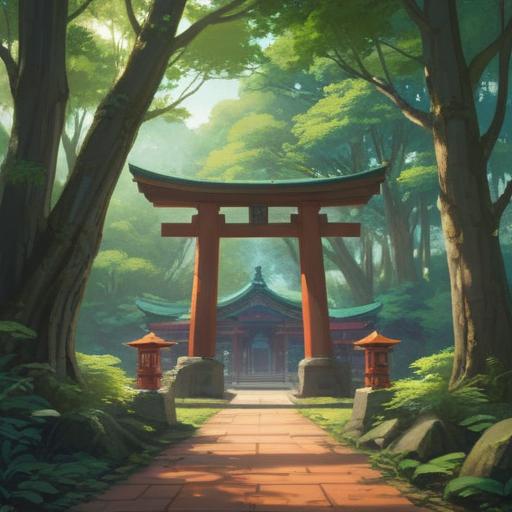 A serene landscape featuring the sacred grounds of Ōkuninushi Shrine, lush greenery, ethereal light filtering through ancient trees, visitors experiencing spiritual awakening, traditional Shinto architecture in the background, peaceful atmosphere, harmonious connection with nature, vibrant colors, illustrative style, 4k