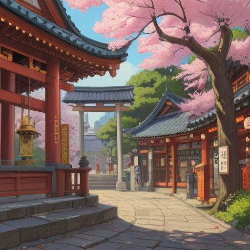 A vibrant scene at Ōkunitama Shrine, people surrounded by colorful lucky charms and amulets, traditional Japanese architecture, cherry blossoms in bloom, serene atmosphere, joyful expressions, sunlight filtering through the leaves, 4k