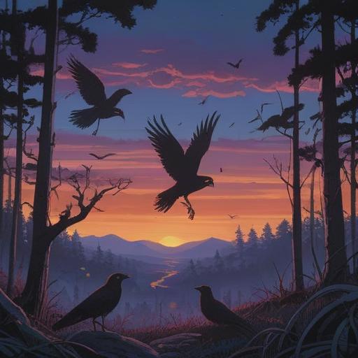 A vast flock of crows gathering in a mystical forest, dark silhouettes against a twilight sky, conveying a sense of mystery and spirituality, each crow symbolizing transformation and connection to the otherworld, enchanted ambiance, intricate details in foliage and shadows, ethereal light illuminating the scene, captivating and thought-provoking portrayal, 4k