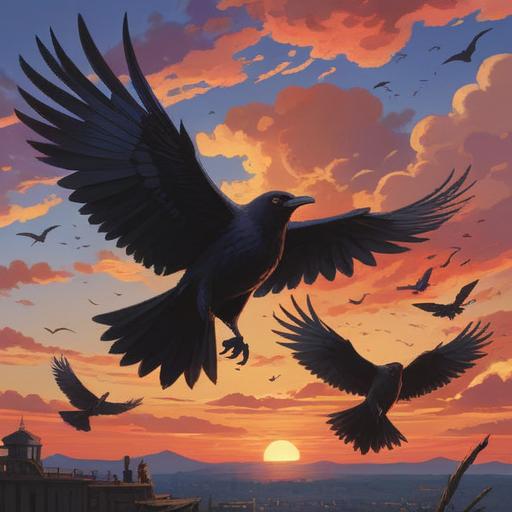 A mystical scene featuring a multitude of crows soaring in the twilight sky, their silhouettes against a vibrant sunset, each crow symbolizing spiritual guidance, intricate details in their feathers, an air of mystery and wisdom, serene landscape below, whispers of ancient folklore, 4k