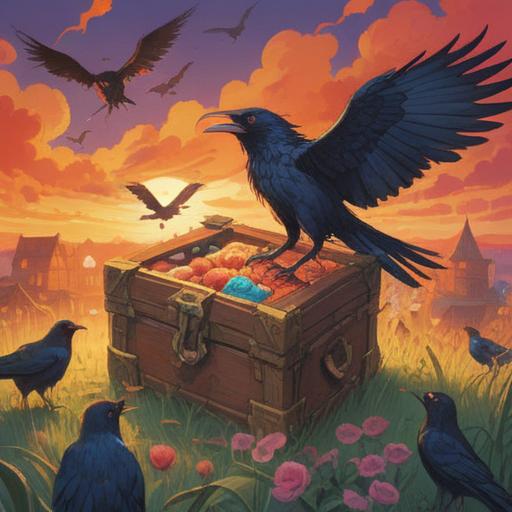 A vibrant illustration of a surreal scene, after witnessing a flock of crows, depicting a joyful person discovering a treasure chest filled with lucky items, radiant colors, whimsical atmosphere, detailed background with fluttering crows in the sky, sparkling luck symbols around, enchanting and hopeful vibe, 4k