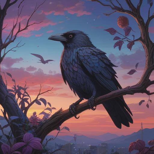 A mystical illustration of a crow perched on a branch, twilight sky in the background, vibrant colors symbolizing luck, gentle light illuminating the scene, detailed feathers glistening, surrounded by symbols of fortune like four-leaf clovers, serene atmosphere, enchanting mood, 4k