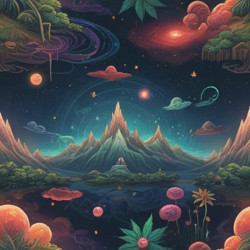 A cosmic landscape reflecting spiritual enlightenment through cannabis, vibrant colors, swirling galaxies, mystical energy, ethereal light, expansive universe filled with stars, a calm and meditative figure surrounded by plants, harmony between nature and cosmos, 4k