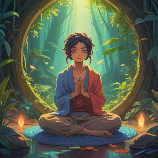 A mystical illustration featuring a person meditating in a serene environment, vibrant colors, ethereal light surrounding the figure, symbols of spirituality like mandalas and chakras, plants intertwined with the scene, hints of cannabis foliage subtly integrated, peaceful atmosphere, sense of connection and awareness, 4k
