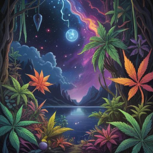 A vibrant cosmic landscape, featuring colorful cannabis leaves intertwined with shimmering crystals, celestial bodies in the background, a sense of harmony between nature and the universe, spiritual energy emanating from the crystals, glowing stars and nebulae, a mystical atmosphere, bright colors, whimsical details, 4k