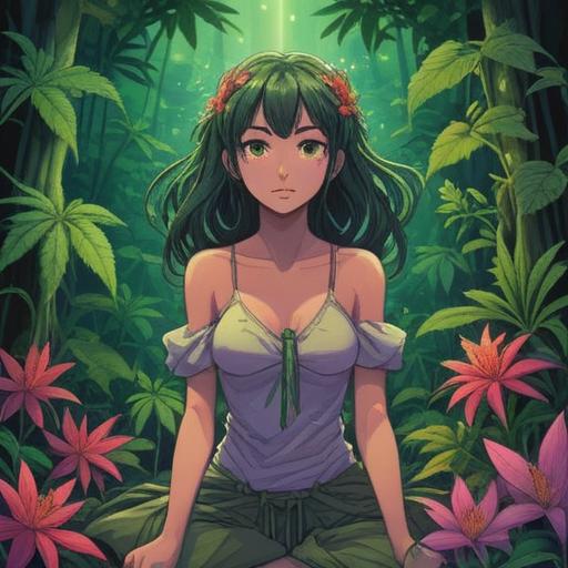 A spiritual experience infused with the essence of cannabis, vibrant colors, ethereal atmosphere, aromatic herbs and flowers surrounding tranquil meditation space, soft glowing lights, peaceful expressions, a serene nature backdrop, deep connection to nature, 4k