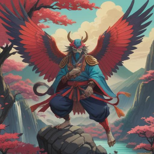 A mystical representation of the great Tengu, surrounded by ethereal symbols and vibrant nature, embodying spiritual wisdom and protection, soaring above sacred mountains, with a backdrop of serene cherry blossoms and moonlight, capturing the essence of Japanese folklore, intricate details in feathers, 4k