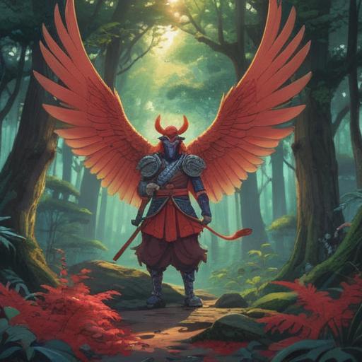 A spiritual illustration of a majestic Tengu in a serene forest, ethereal light filtering through the trees, symbols of good fortune surrounding the Tengu, vibrant colors, a sense of peace and wisdom, mystical aura, intricate details in the Tengu’s robes and features, harmonious nature elements, 4k