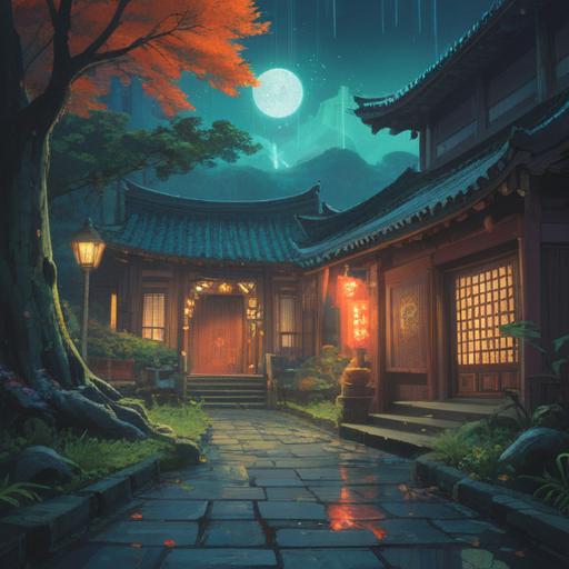 A mystical scene depicting a Daitengu emerging from the shadows, surrounded by glowing spiritual symbols, ethereal mist enveloping the trees, characters observing in awe, a sense of both danger and enlightenment, vibrant colors, rich textures, deep cultural references, mystical atmosphere, detailed background, high-resolution
