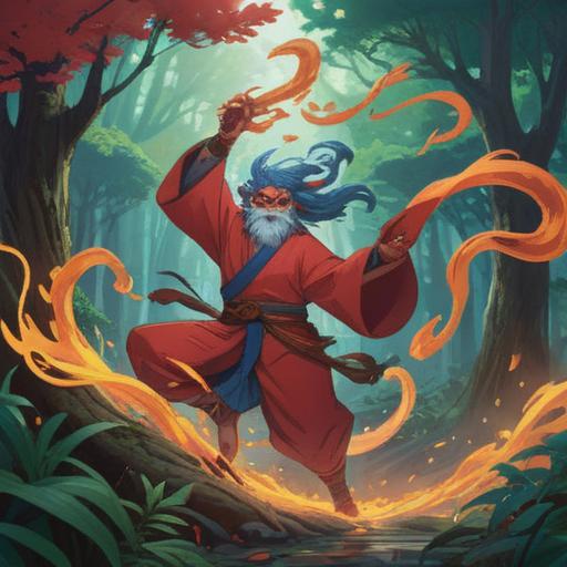 A powerful tengu character harnessing energy, vibrant colors, dynamic action pose, mystical forest backdrop, swirling leaves and energy orbs, traditional Japanese aesthetics, luck symbol elements, 4k