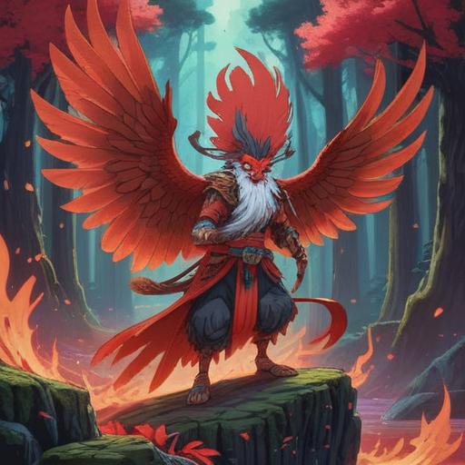 A vibrant, mystical scene depicting a tall Tengu figure with red and black feathers, surrounded by swirling energy, ancient forest background, glowing orbs representing life energy, serene expression, traditional Japanese elements, harmonious atmosphere, inviting paths leading to prosperity, vivid colors, intricate details, 4k