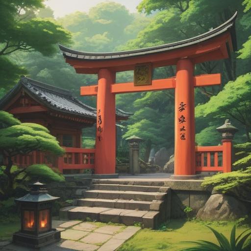 A serene landscape featuring the Daito Shrine, lush greenery surrounding the shrine, mystical atmosphere, traditional Shinto architecture, a torii gate symbolizing the transition between the physical and spiritual worlds, gentle sunlight filtering through the trees, ethereal presence, vibrant colors reflecting the sacredness, calm and tranquil environment, 4k