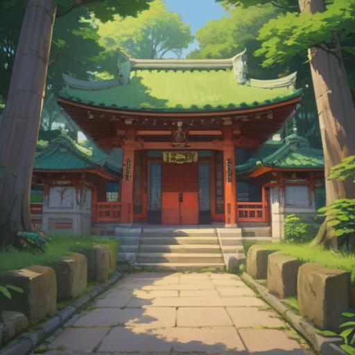 A serene and spiritual illustration of Ootori Shrine in Japan, lush greenery surrounding the shrine, gentle sunlight filtering through the trees, a sense of tranquility and peace, people meditating and seeking guidance, ethereal light blooms symbolizing good omens, traditional Japanese architecture, vibrant colors, harmonious atmosphere, 4k