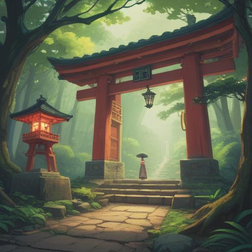 A serene landscape of Ootori Shrine, lush greenery surrounding the shrine, atmospheric fog gently enveloping the area, an ethereal light filtering through the trees, symbolic spiritual signs such as feathers and lanterns placed thoughtfully around, a sense of tranquility and reverence, visitors observing the signs with curiosity, 4k