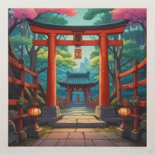 A vibrant illustration of a traditional Japanese shrine, featuring a majestic torii gate, lucky talismans hanging from a sacred tree, colorful autumn leaves swirling in the wind, a serene atmosphere filled with soft light, visitors admiring the beauty of the shrine, symbols of luck and prosperity, detailed textures in the architecture, 4k