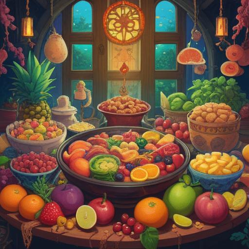 A vibrant illustration depicting a table filled with a variety of lucky foods believed to support overcoming bowel diseases, including colorful fruits, wholesome grains, and nutritious vegetables, set in a cozy kitchen environment, with sunlight streaming through the window, conveying a sense of hope and healing, warm colors, inviting atmosphere, 4k