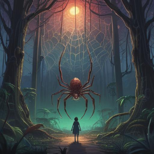 A large spider symbolizing spiritual transformation, intricate web design, contrasting light and shadow, ethereal atmosphere, connection between worlds, deep-rooted wisdom, surrounded by mystical elements, vibrant colors, 4k