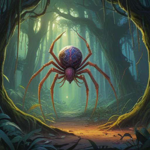 A giant spider emerging from a mystical forest, ethereal light illuminating its intricate web, symbols of good fortune woven into the strands, a calm and serene atmosphere, vibrant colors, enchanting details, powerful yet comforting presence, connection to nature and spirituality, 4k