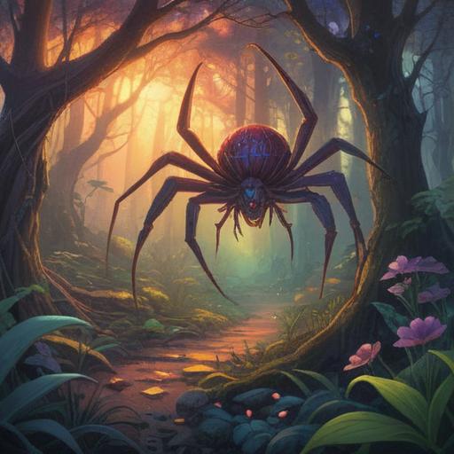 A large spider emerging in a mystical forest, symbolizing transformation and spiritual awakening, ethereal glow surrounding the spider, enchanted atmosphere, trees draped in mist, subtle hints of ancient runes in the background, spiritual symbols illuminating the scene, inviting reflection, 4k