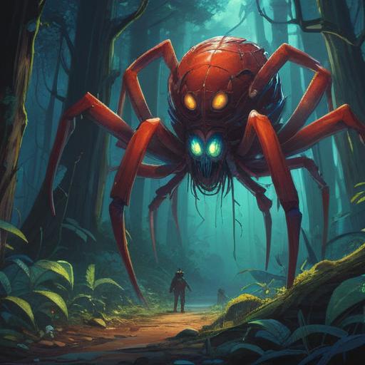 A giant spider looming in a dark forest, a traveler experiencing a moment of awe and fear, vibrant colors contrasting with deep shadows, dramatic lighting highlighting the spider's intricate details, the traveler preparing for a lucky action, rich textures in the forest foliage, an atmosphere filled with suspense and anticipation, cinematic composition, 4k