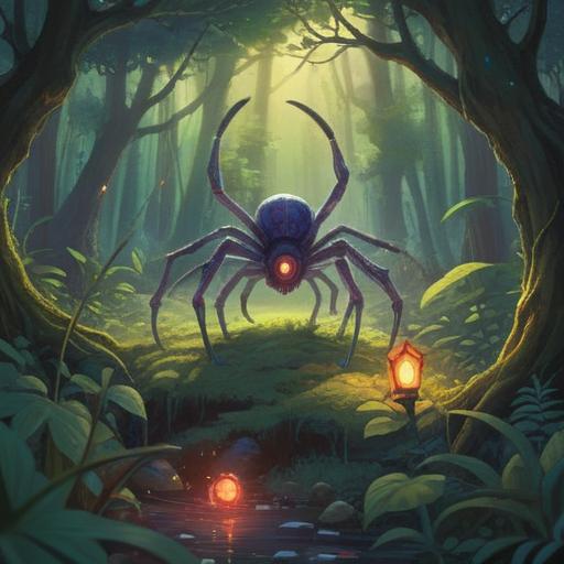 A giant spider sharing life lessons, mystical forest setting, ethereal light filtering through the trees, wise expression on the spider's face, intricate web patterns symbolizing connections, curious forest creatures gathered around, serene and thoughtful atmosphere, soft focus background, 4k