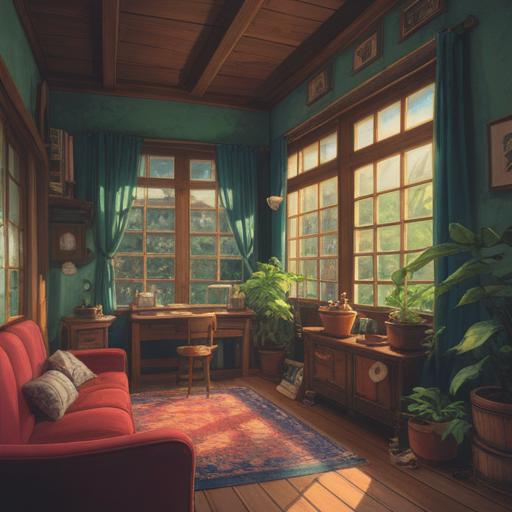 A serene illustration depicting a peaceful home after a thorough cleaning, light streaming through windows, a sense of clarity and calmness in the atmosphere, vibrant plants and flowers symbolizing renewal, soft pastel colors, spiritual energy surrounding the space, joyful expressions on characters enjoying their clean environment, harmonious balance, inviting ambiance, 4k