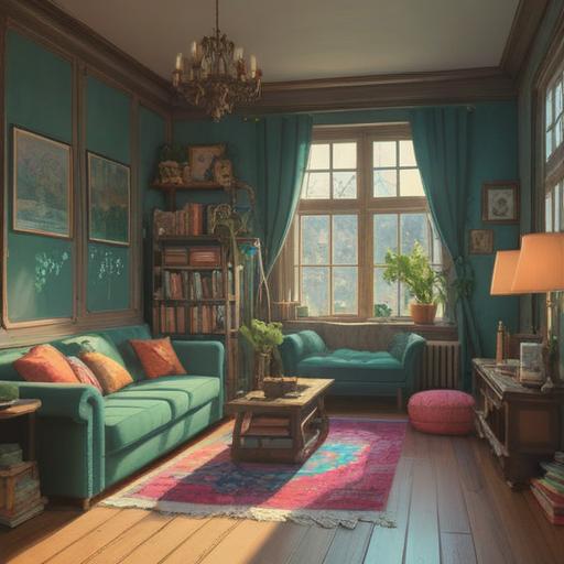 A serene and inviting living room, cluttered with dust and items, gentle sunlight streaming through the window, a soft aura surrounding a person thoughtfully contemplating their space, subtle sparkles indicating spiritual signs, a sense of renewal and clarity in the atmosphere, tranquil colors, harmonious balance, 4k