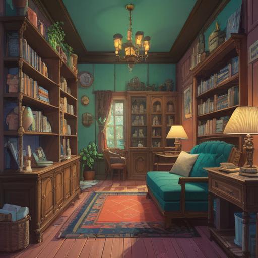 A bright and cheerful scene of a recently cleaned room, vibrant colors, sparkling surfaces, organized shelves, a cozy atmosphere, a variety of lucky items displayed, such as four-leaf clovers, lucky cats, and other charms, sunlight streaming through a window, inviting ambiance, 4k