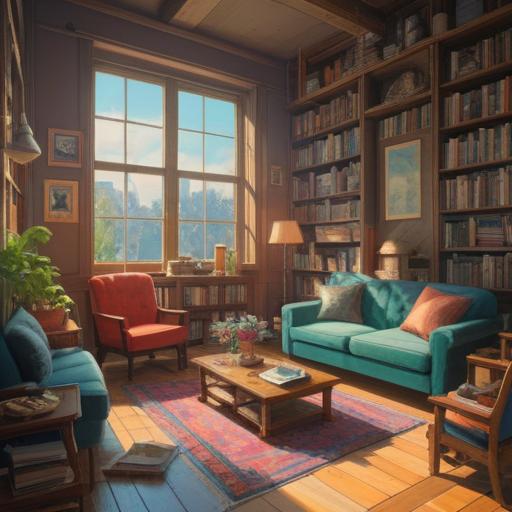 A tranquil living room scene after a thorough cleaning, bright sunlight streaming through the clean windows, organized shelves displaying cherished items, a cozy sofa inviting relaxation, fresh flowers in a vase on the table, a sense of peace and accomplishment in the air, soft textures and inviting colors, 4k