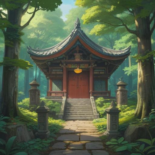 A serene landscape featuring the Oomae Shrine, lush greenery, a tranquil pathway leading to the shrine, soft light filtering through the trees, spiritual symbols, peaceful atmosphere, traditional Japanese architecture, a sense of harmony and reverence, 4k