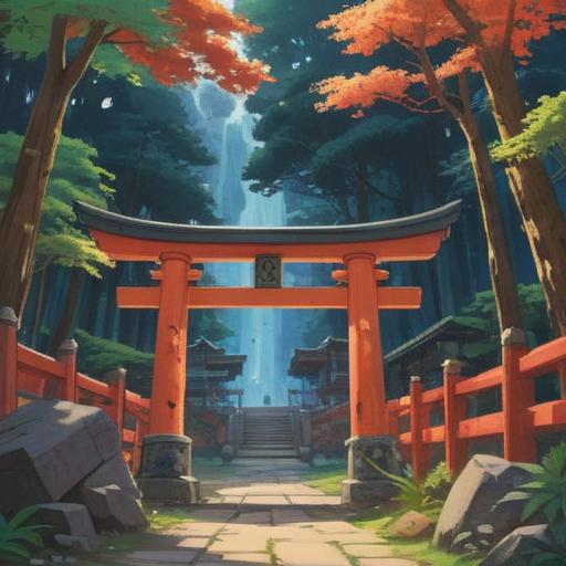 A mystical scene at Omoto Shrine, vibrant foliage surrounding ancient torii gates, serene atmosphere, ethereal light streaming through trees, people meditating and finding peace, symbolic artifacts representing good signs and spiritual guidance, tranquil water reflecting the sky, harmonious blend of nature and spirituality, 4k