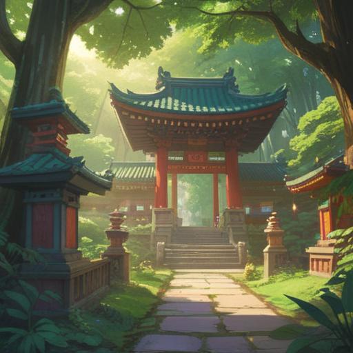 A serene and mystical illustration of Dai-Mae Shrine, surrounded by lush greenery, soft sunlight filtering through the trees, ethereal symbols and spiritual signs gently glowing, tranquil atmosphere, visitors experiencing moments of reflection, traditional Japanese architecture, intricate details of the shrine, harmonious connection with nature, 4k