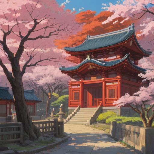 A serene scene at Oomae Shrine, a traditional Japanese shrine filled with cherry blossom trees, visitors seeking good fortune, lucky talismans displayed prominently, sunlight filtering through the leaves, peaceful atmosphere, intricate shrine architecture, 4k