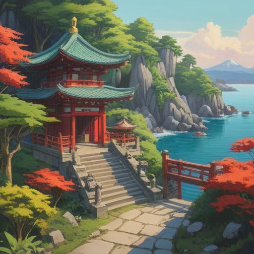 A serene coastal shrine scene, Oarai Isosaki Shrine in the foreground, traditional Shinto architecture, surrounded by lush greenery, ocean waves gently crashing nearby, spiritual atmosphere, symbolic significance of connection to the divine, clear blue sky, sacred torii gate, tranquil setting, harmonious blend of nature and spirituality, 4k