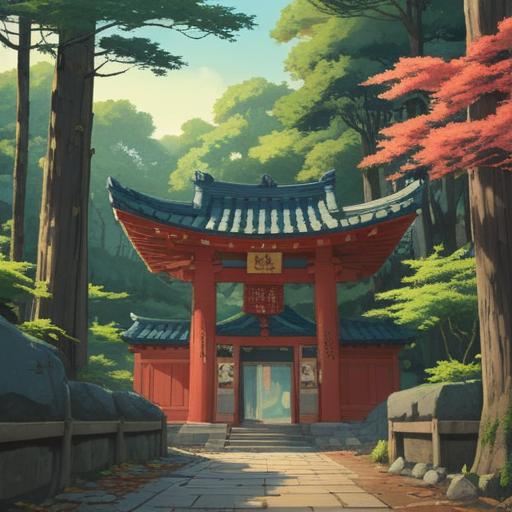 A serene visit to Oarai Isosaki Shrine, spiritual signs and symbols, lush greenery surrounding the shrine, tranquil atmosphere, visitors observing the signs, vibrant natural lighting, ancient stone lanterns, meditation space, connection with nature, 4k