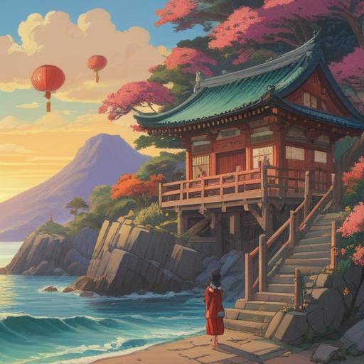 A serene coastal scene at Oarai Isosaki Shrine, a visitor holding a lucky charm, vibrant traditional Japanese architecture in the background, bright blue sky, gentle waves lapping at the shore, a sense of tranquility and good fortune, colorful autumn leaves, intricate details of the shrine's torii gate, captured in a whimsical, uplifting atmosphere, 4k