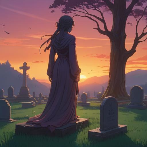 A poignant scene depicting a serene sunset, a silhouette of a grieving figure standing by a gravestone, ethereal wisps of light representing spiritual signs swirling around, a gentle breeze rustling nearby leaves, soft glowing orbs in the background symbolizing memories, a sense of calm and reflection, rich colors blending in the sky, 4k