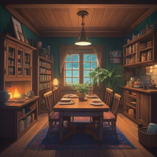 A serene and comforting scene, a cozy room filled with warm light, a cup of herbal tea steaming on a wooden table, a stack of self-help books with colorful covers, a small potted plant thriving in the corner, soft blankets draped over a chair, a gentle breeze coming through a window, inviting atmosphere, tranquility and renewal, 4k