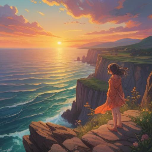 A heartfelt spiritual illustration, a figure standing on a cliff overlooking a vast ocean, golden sunset illuminating the scene, ethereal wisps of light connecting the figure to another distant silhouette, a serene and melancholic atmosphere, delicate expressions conveying longing and connection, soft color palette, 4k