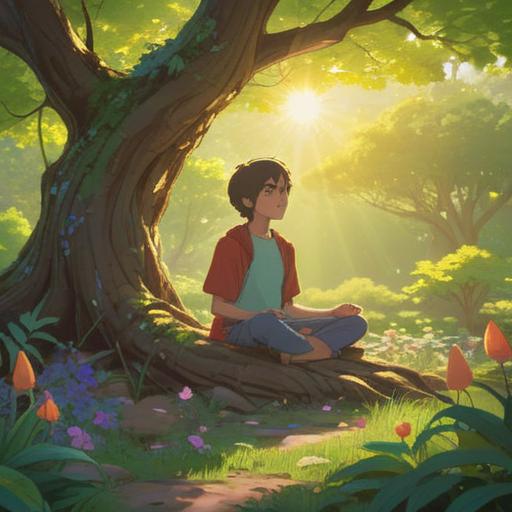 A serene landscape depicting a person meditating under a large tree, gentle rays of sunlight filtering through the leaves, surrounded by blooming flowers and the sounds of nature, symbols of renewal and growth in the background, a sense of calm and inner peace, vibrant colors, harmonious atmosphere, spiritual journey, 4k