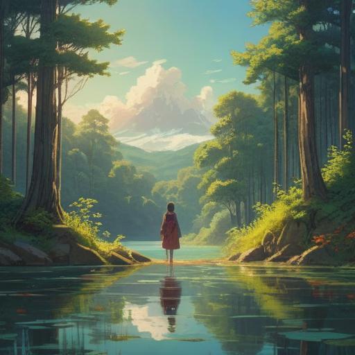 A serene landscape depicting a person standing at the edge of a tranquil lake, surrounded by lush greenery, gentle sunlight filtering through the trees, soft ripples on the water surface, symbolizing hope and healing, a path leading into the distance representing new beginnings, peaceful atmosphere, vibrant colors, 4k