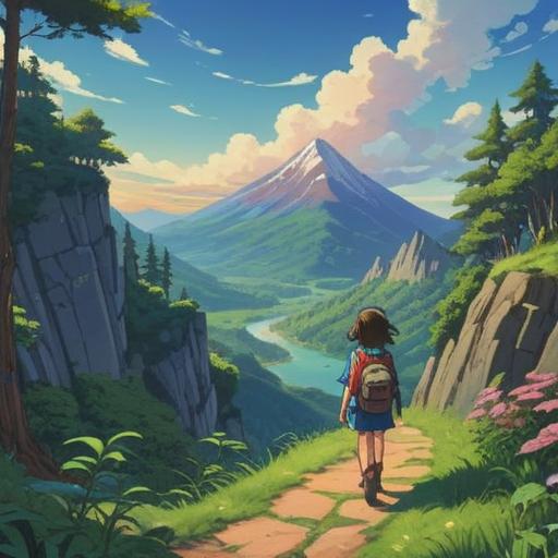 A journey filled with new discoveries and encounters, vibrant landscapes, a winding path through lush forests and majestic mountains, a sense of adventure and exploration, a character gazing ahead with hope and excitement, wildlife subtly integrated into the scene, sunlight filtering through the trees, inviting atmosphere, serene yet inspiring, 4k